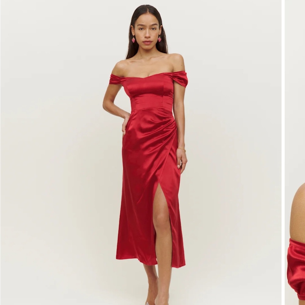 NWT Reformation Genesis Silk Midi Dress in “Cherry” Red Color Sz 8 Romantic